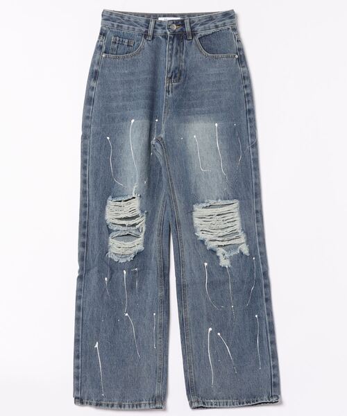 Mayree(メイリー)の「【Mayree】ダメージ ペイント ハイウエスト ストレート ワイドデニムパンツ(デニムパンツ・レディース・ブラック/ブルー・SMALL/MEDIUM/LARGE/X-LARGE)」の12枚目の写真