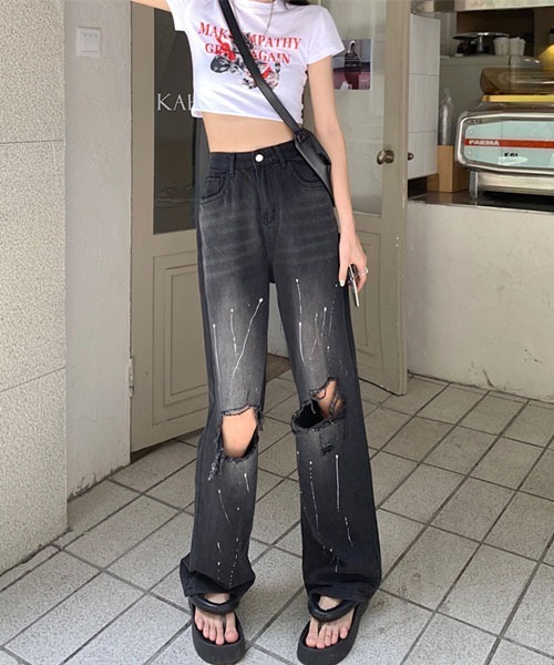 Mayree(メイリー)の「【Mayree】ダメージ ペイント ハイウエスト ストレート ワイドデニムパンツ(デニムパンツ・レディース・ブラック/ブルー・SMALL/MEDIUM/LARGE/X-LARGE)」の4枚目の写真