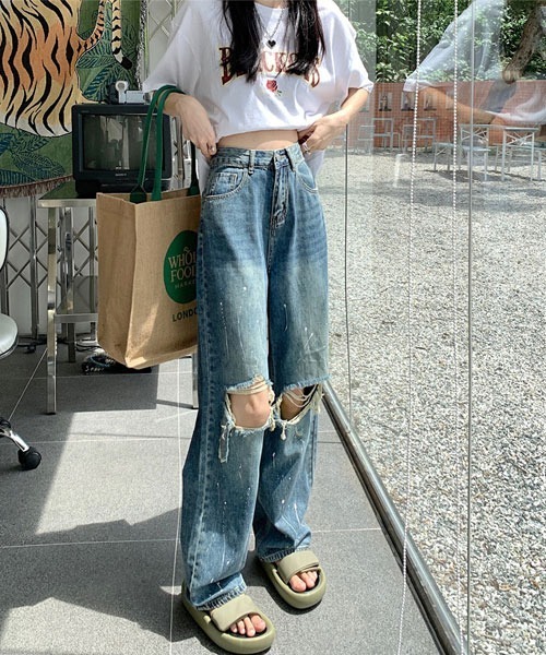 Mayree(メイリー)の「【Mayree】ダメージ ペイント ハイウエスト ストレート ワイドデニムパンツ(デニムパンツ・レディース・ブラック/ブルー・SMALL/MEDIUM/LARGE/X-LARGE)」の3枚目の写真