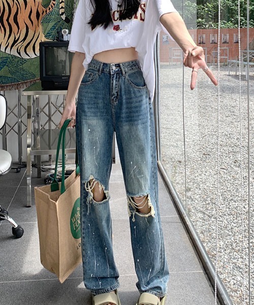 Mayree(メイリー)の「【Mayree】ダメージ ペイント ハイウエスト ストレート ワイドデニムパンツ(デニムパンツ・レディース・ブラック/ブルー・SMALL/MEDIUM/LARGE/X-LARGE)」の14枚目の写真