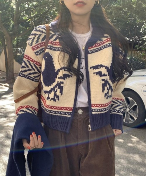 MAISON DE THERESE（メゾン ド テレーズ）の「フルジップケーブルニットカーディガン レトロジャガードZIPカーデ（カーディガン/ボレロ・レディース・ネイビー・FREE）」の2枚目の写真