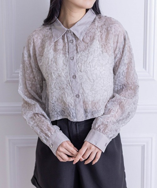 clear（クリア）の「花柄シアーショート丈シャツ（シャツ/ブラウス・レディース・ベージュ/グレー/ライトベージュ・F）」の2枚目の写真