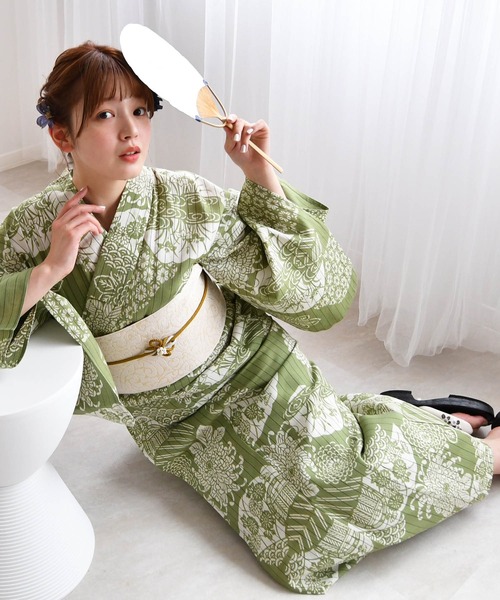 注染浴衣3点セット utatane×注染工房 草色に夢幻の花づくし
