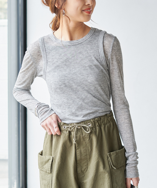 le（ル）の「【le / ル 】TENCEL LAYERED TOP（Tシャツ/カットソー・レディース・ホワイト/マルーン/グレー・FREE）」の2枚目の写真