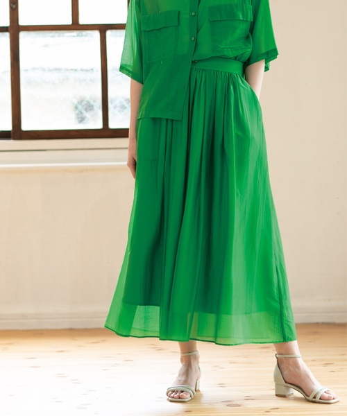 OPAQUE.CLIP（オペークドットクリップ）の「◆セットアップ対応 シアータックギャザースカート【洗濯機洗い可】（スカート・レディース・オレンジ/ブラウン系その他/グリーン/ブラック・40/38/42/36）」の4枚目の写真