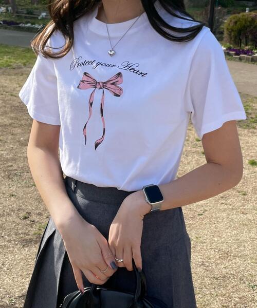WOND(ウォンド)の「リボンプリントTシャツ(Tシャツ/カットソー・レディース・ホワイト/ピンク・FREE)」の1枚目の写真