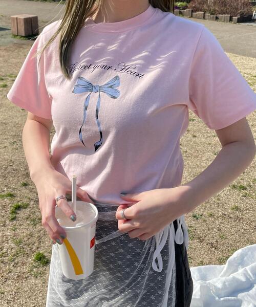 WOND(ウォンド)の「リボンプリントTシャツ(Tシャツ/カットソー・レディース・ホワイト/ピンク・FREE)」の8枚目の写真