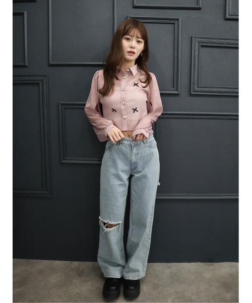 CECIL McBEE(セシルマクビー)の「シアーシャイニーリボン付きショートブラウス(シャツ/ブラウス・レディース・ブラック/グレー/ピンク/アイボリー・FREE)」の5枚目の写真