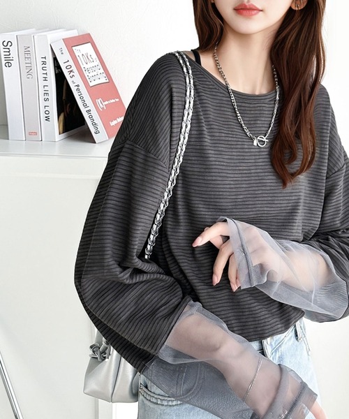 classicalelf(クラシカルエルフ)の「今っぽいスタイリングに導く。スリーブ切替シアートップス(Tシャツ/カットソー・レディース・チャコール/アイボリー/ブラック・MEDIUM/SMALL/X-LARGE/LARGE)」の8枚目の写真