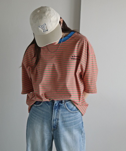 COURO(コウロ)の「ワンポイント刺繍ボーダーTシャツ(Tシャツ/カットソー・レディース・ライトグレー/オレンジ/ブルー/ブラック・M/L/XL)」の4枚目の写真