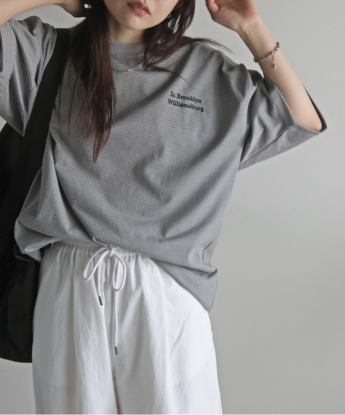 COURO(コウロ)の「ワンポイント刺繍ボーダーTシャツ(Tシャツ/カットソー・レディース・ライトグレー/オレンジ/ブルー/ブラック・M/L/XL)」の16枚目の写真