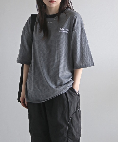 COURO(コウロ)の「ワンポイント刺繍ボーダーTシャツ(Tシャツ/カットソー・レディース・ライトグレー/オレンジ/ブルー/ブラック・M/L/XL)」の7枚目の写真