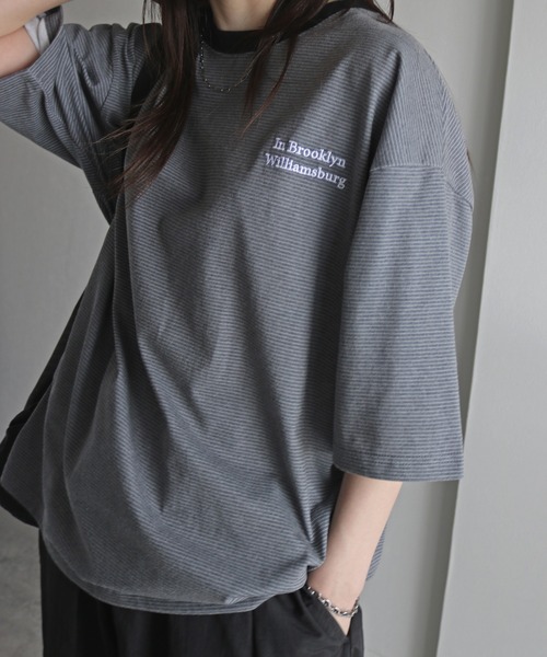 COURO(コウロ)の「ワンポイント刺繍ボーダーTシャツ(Tシャツ/カットソー・レディース・ライトグレー/オレンジ/ブルー/ブラック・M/L/XL)」の20枚目の写真