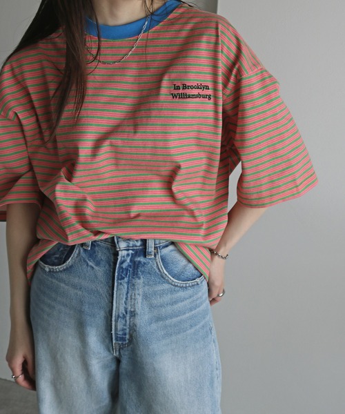 COURO(コウロ)の「ワンポイント刺繍ボーダーTシャツ(Tシャツ/カットソー・レディース・ライトグレー/オレンジ/ブルー/ブラック・M/L/XL)」の9枚目の写真