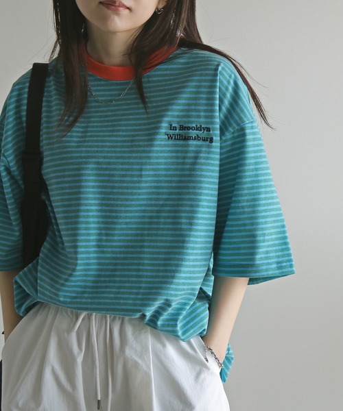COURO(コウロ)の「ワンポイント刺繍ボーダーTシャツ(Tシャツ/カットソー・レディース・ライトグレー/オレンジ/ブルー/ブラック・M/L/XL)」の13枚目の写真