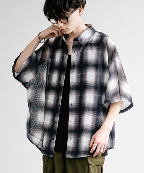 オーバーサイズ花柄/チェック柄ドルマンメッシュシャツ(シャツ/ブラウス)|Rocky Monroe(ロッキーモンロー)