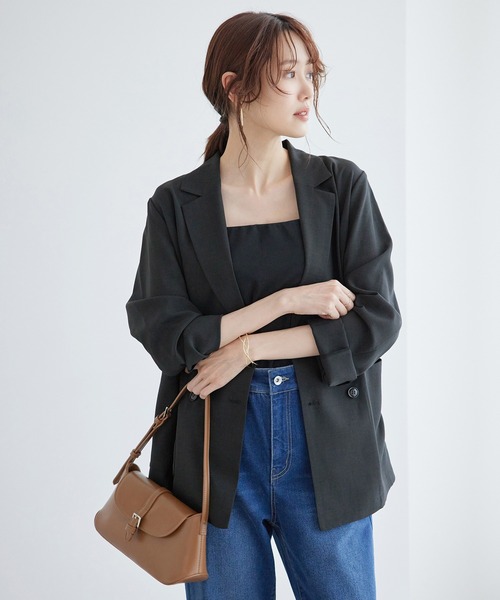 ROPE' PICNIC（ロペピクニック）の「セットアップ対応/麻調シアーダブルテーラードジャケット/冷感・UVカット（テーラードジャケット・レディース・チャコールグレー/ブルー系その他4/ベージュ/ダークブラウン・38）」の2枚目の写真