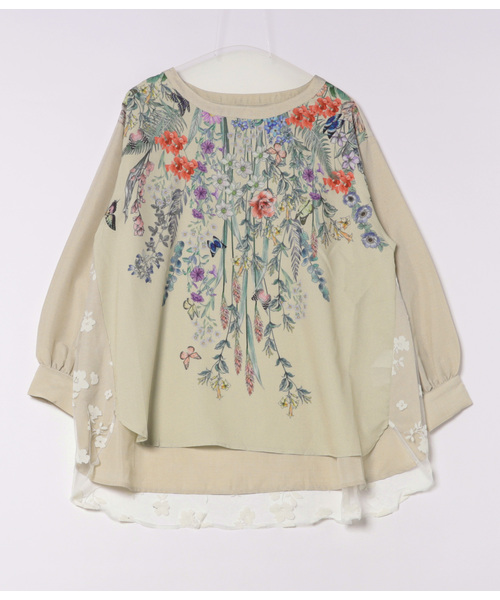 iS ScoLar(イズスカラー)の「542261:花蝶柄プリント×お花フロッキーチュール切替チュニック(Tシャツ/カットソー・レディース・グレー/アイボリー/ブラック・M)」の1枚目の写真