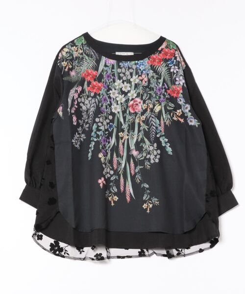iS ScoLar(イズスカラー)の「542261:花蝶柄プリント×お花フロッキーチュール切替チュニック(Tシャツ/カットソー・レディース・グレー/アイボリー/ブラック・M)」の21枚目の写真
