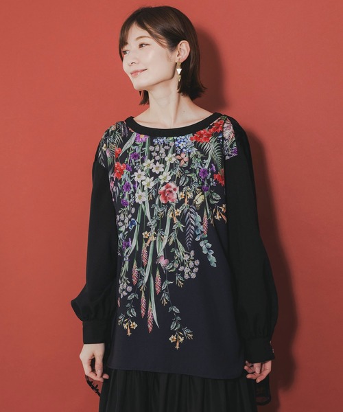 iS ScoLar(イズスカラー)の「542261:花蝶柄プリント×お花フロッキーチュール切替チュニック(Tシャツ/カットソー・レディース・グレー/アイボリー/ブラック・M)」の22枚目の写真