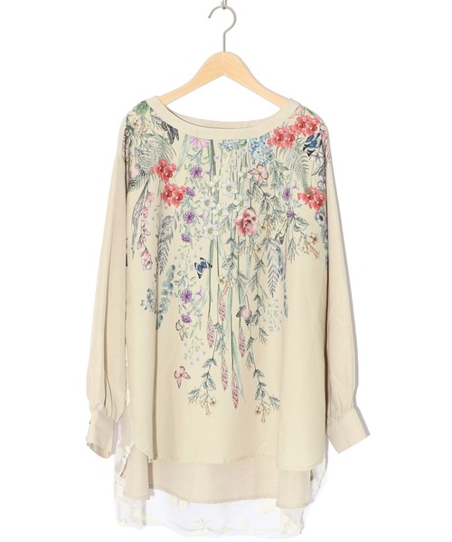 iS ScoLar(イズスカラー)の「542261:花蝶柄プリント×お花フロッキーチュール切替チュニック(Tシャツ/カットソー・レディース・グレー/アイボリー/ブラック・M)」の7枚目の写真