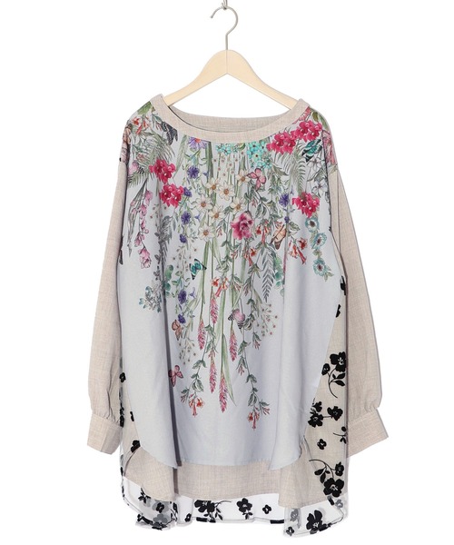 iS ScoLar(イズスカラー)の「542261:花蝶柄プリント×お花フロッキーチュール切替チュニック(Tシャツ/カットソー・レディース・グレー/アイボリー/ブラック・M)」の10枚目の写真