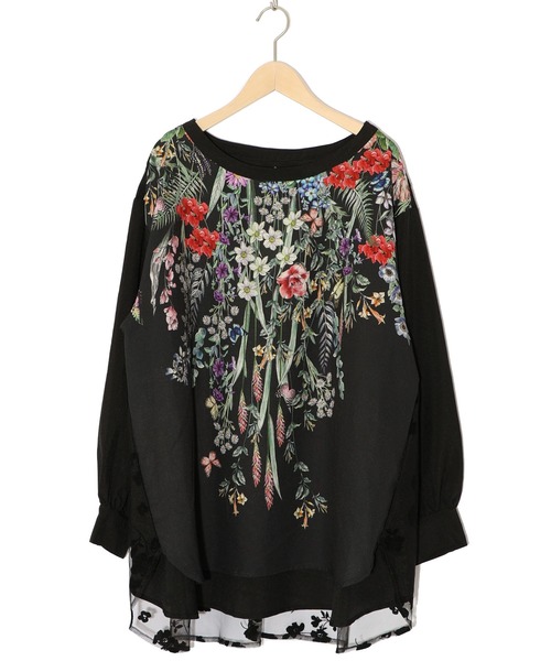 iS ScoLar(イズスカラー)の「542261:花蝶柄プリント×お花フロッキーチュール切替チュニック(Tシャツ/カットソー・レディース・グレー/アイボリー/ブラック・M)」の13枚目の写真