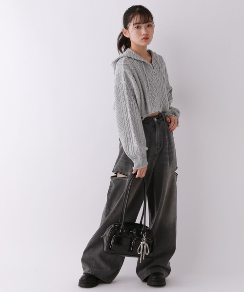 repipi armario（レピピ アルマリオ）の「ダメージニットショートパーカー（パーカー・キッズ・グレー/アイボリー/ブラック・SMALL/MEDIUM/LARGE）」の6枚目の写真