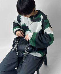 バルーンスリーブ 多色迷彩柄 煙柄ジャガード ビッグシルエットプルオーバーニット ユニセックス【Confirm】