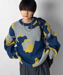 バルーンスリーブ 多色迷彩柄 煙柄ジャガード ビッグシルエットプルオーバーニット ユニセックス【Confirm】