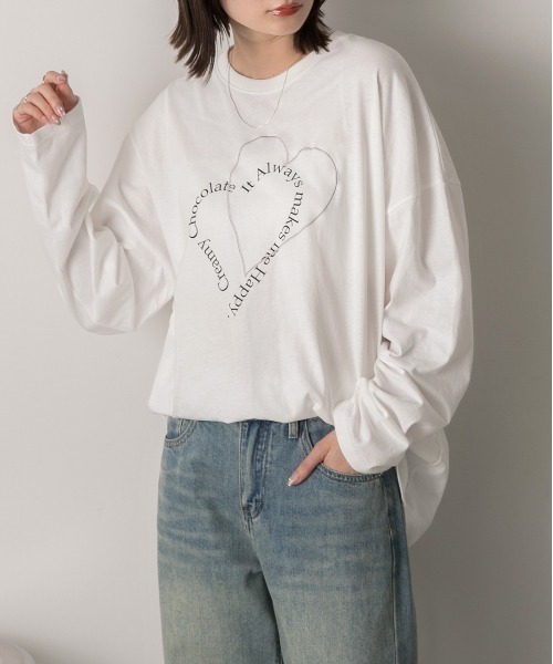 ad thie(アドティエ)の「ハート刺繍・プリント ロングTシャツ(Tシャツ/カットソー・レディース・ピンク/ベージュ/オフホワイト/ブラック・FREE)」の8枚目の写真