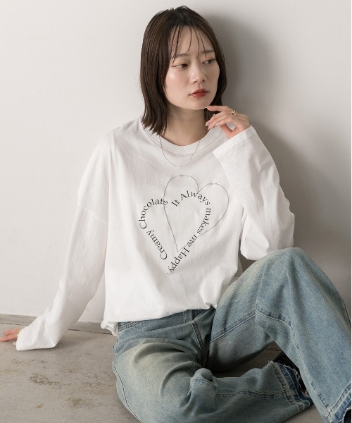 ad thie(アドティエ)の「ハート刺繍・プリント ロングTシャツ(Tシャツ/カットソー・レディース・ピンク/ベージュ/オフホワイト/ブラック・FREE)」の9枚目の写真