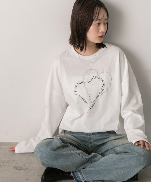 ad thie(アドティエ)の「ハート刺繍・プリント ロングTシャツ(Tシャツ/カットソー・レディース・ピンク/ベージュ/オフホワイト/ブラック・FREE)」の10枚目の写真