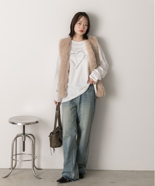 ad thie(アドティエ)の「ハート刺繍・プリント ロングTシャツ(Tシャツ/カットソー・レディース・ピンク/ベージュ/オフホワイト/ブラック・FREE)」の12枚目の写真
