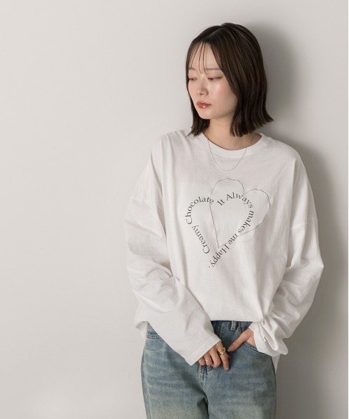 ad thie(アドティエ)の「ハート刺繍・プリント ロングTシャツ(Tシャツ/カットソー・レディース・ピンク/ベージュ/オフホワイト/ブラック・FREE)」の14枚目の写真