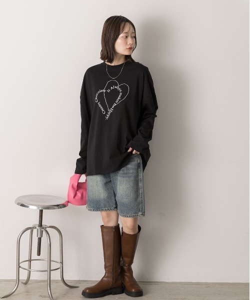 ad thie(アドティエ)の「ハート刺繍・プリント ロングTシャツ(Tシャツ/カットソー・レディース・ピンク/ベージュ/オフホワイト/ブラック・FREE)」の16枚目の写真