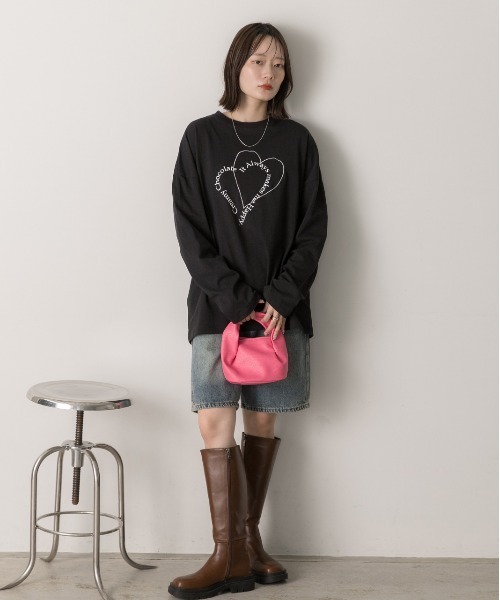 ad thie(アドティエ)の「ハート刺繍・プリント ロングTシャツ(Tシャツ/カットソー・レディース・ピンク/ベージュ/オフホワイト/ブラック・FREE)」の19枚目の写真