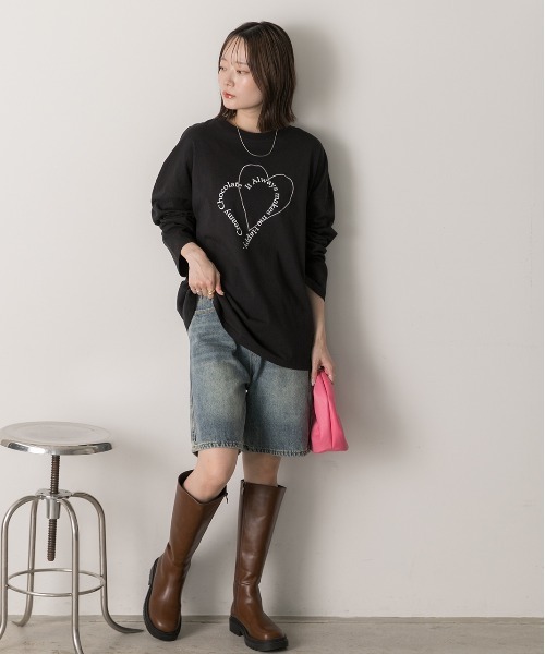 ad thie(アドティエ)の「ハート刺繍・プリント ロングTシャツ(Tシャツ/カットソー・レディース・ピンク/ベージュ/オフホワイト/ブラック・FREE)」の20枚目の写真