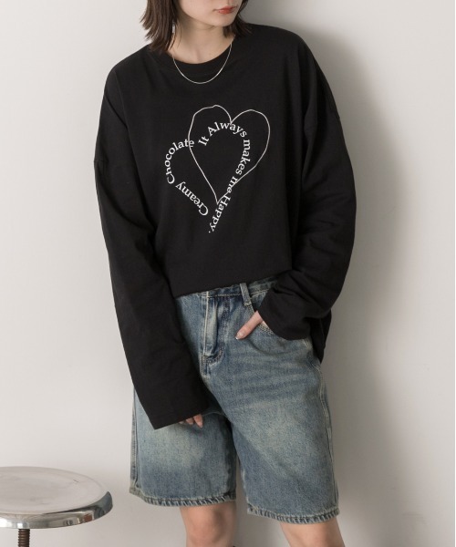 ad thie(アドティエ)の「ハート刺繍・プリント ロングTシャツ(Tシャツ/カットソー・レディース・ピンク/ベージュ/オフホワイト/ブラック・FREE)」の22枚目の写真