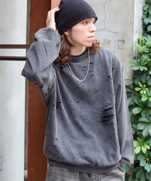 SPINNS（スピンズ）の「グランジ＆ストリート/ヴィンテージ加工ダメージデザインスウェット（スウェット・メンズ・ブラック/ベージュ・ONESIZE）」の11枚目の写真