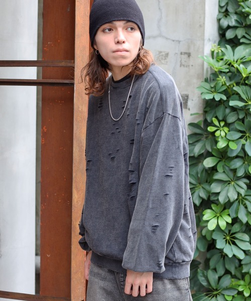 SPINNS（スピンズ）の「グランジ＆ストリート/ヴィンテージ加工ダメージデザインスウェット（スウェット・メンズ・ブラック/ベージュ・ONESIZE）」の14枚目の写真