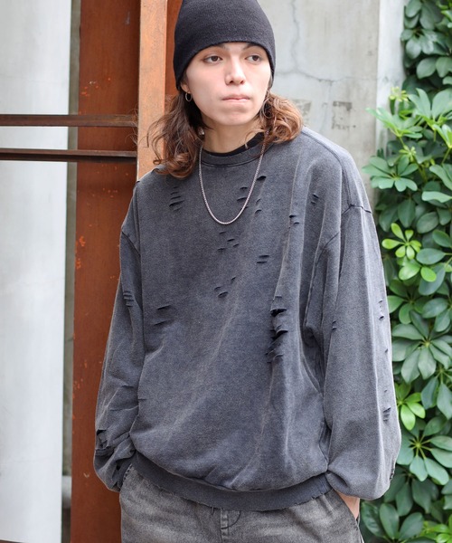 SPINNS（スピンズ）の「グランジ＆ストリート/ヴィンテージ加工ダメージデザインスウェット（スウェット・メンズ・ブラック/ベージュ・ONESIZE）」の13枚目の写真