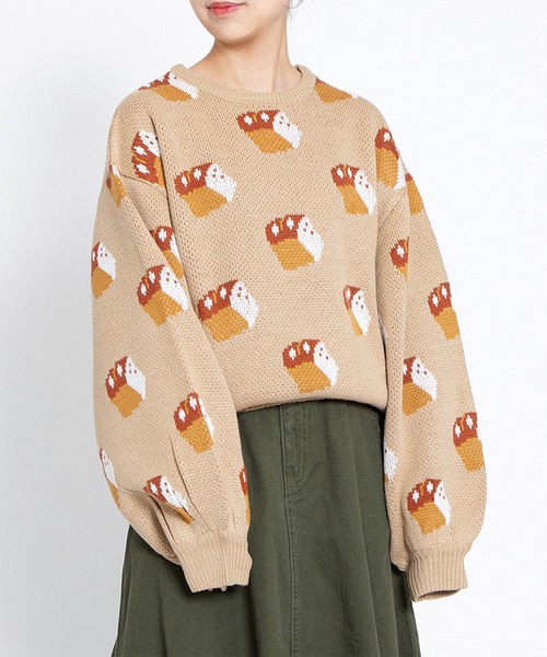 フード総柄ニット(おにぎり・パン・レモン・アボカド・ニンジン