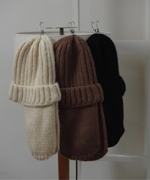 lawgy(ラウジー)の「rib knit flight cap / リブニットフライトキャップ(ニットキャップ/ビーニー・レディース・ブラック/アイボリー/モカ・FREE)」の1枚目の写真