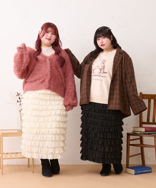 Louiosy(ルオシー)の「【大きいサイズ】ティアードフリルナロースカート(スカート・レディース・アイボリー/ブラック・X-LARGE/3L/4L)」の16枚目の写真