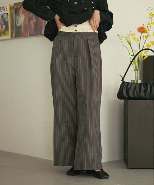 loin nuit(ロワンニュイ)の「double west button pants/ダブルウエストボタンパンツ(スラックス・レディース・ネイビー/グレー・FREE)」の1枚目の写真