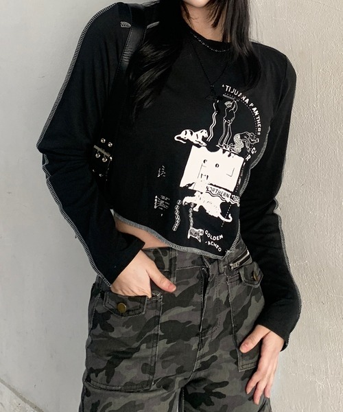 lilful(リルフル)の「プリント アウトリンキング 変形アシメロンT(Tシャツ/カットソー・レディース・ホワイト/ブラック・M/L)」の2枚目の写真
