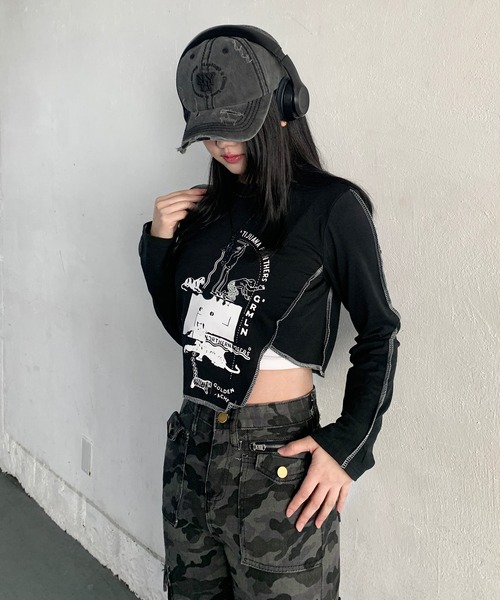 lilful(リルフル)の「プリント アウトリンキング 変形アシメロンT(Tシャツ/カットソー・レディース・ホワイト/ブラック・M/L)」の4枚目の写真