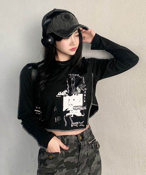 lilful(リルフル)の「プリント アウトリンキング 変形アシメロンT(Tシャツ/カットソー・レディース・ホワイト/ブラック・M/L)」の6枚目の写真
