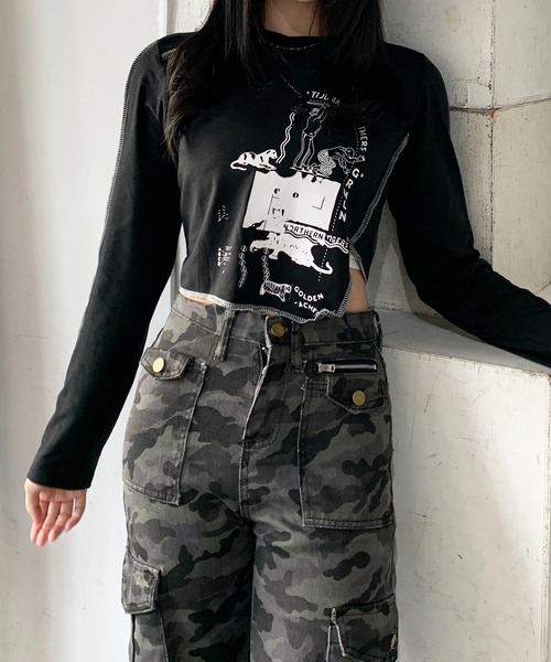 lilful(リルフル)の「プリント アウトリンキング 変形アシメロンT(Tシャツ/カットソー・レディース・ホワイト/ブラック・M/L)」の7枚目の写真